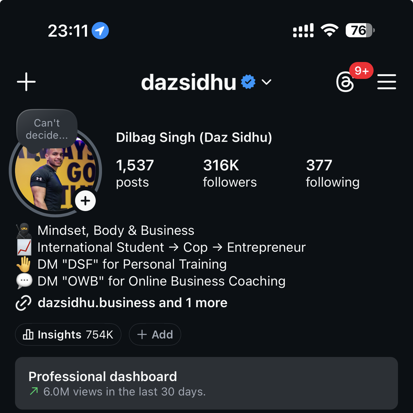 @dazsidhu Instagram profile — 316k followers, 6.0M views in 30 days